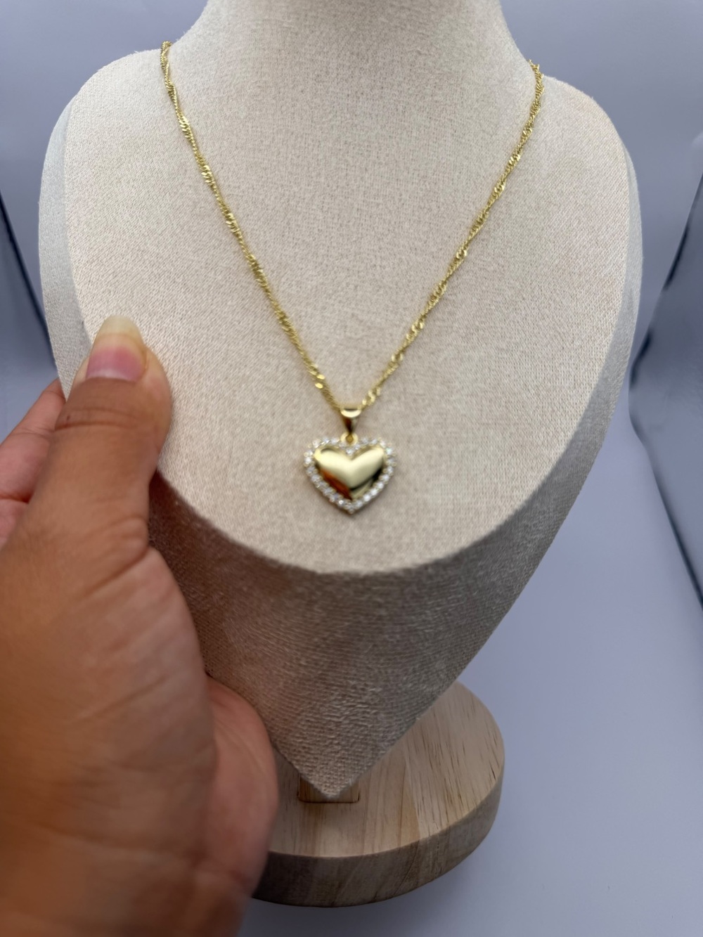 14K Gold Plated Heart Pendant Necklace | Zircon Halo Heart on Twisted Chain 19.5